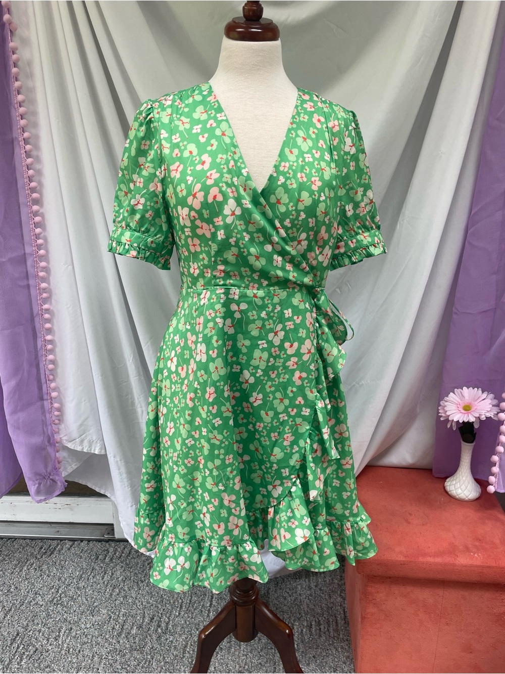 Green Floral Wrap Midi Dress with Ruffle Hem